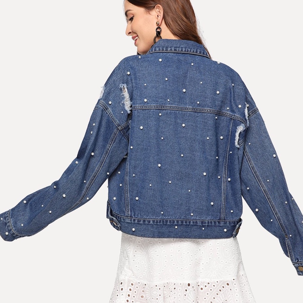 Pearls Beaded Distressed Denim Oversized Jacket - Picture 4 of 6